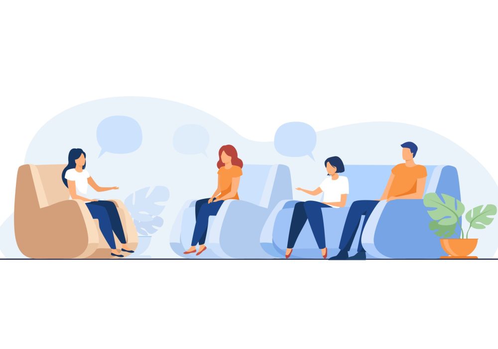Group therapy and support concept. People meeting together to discuss addiction problem with psychologist. Flat vector illustration for counselling and help topics